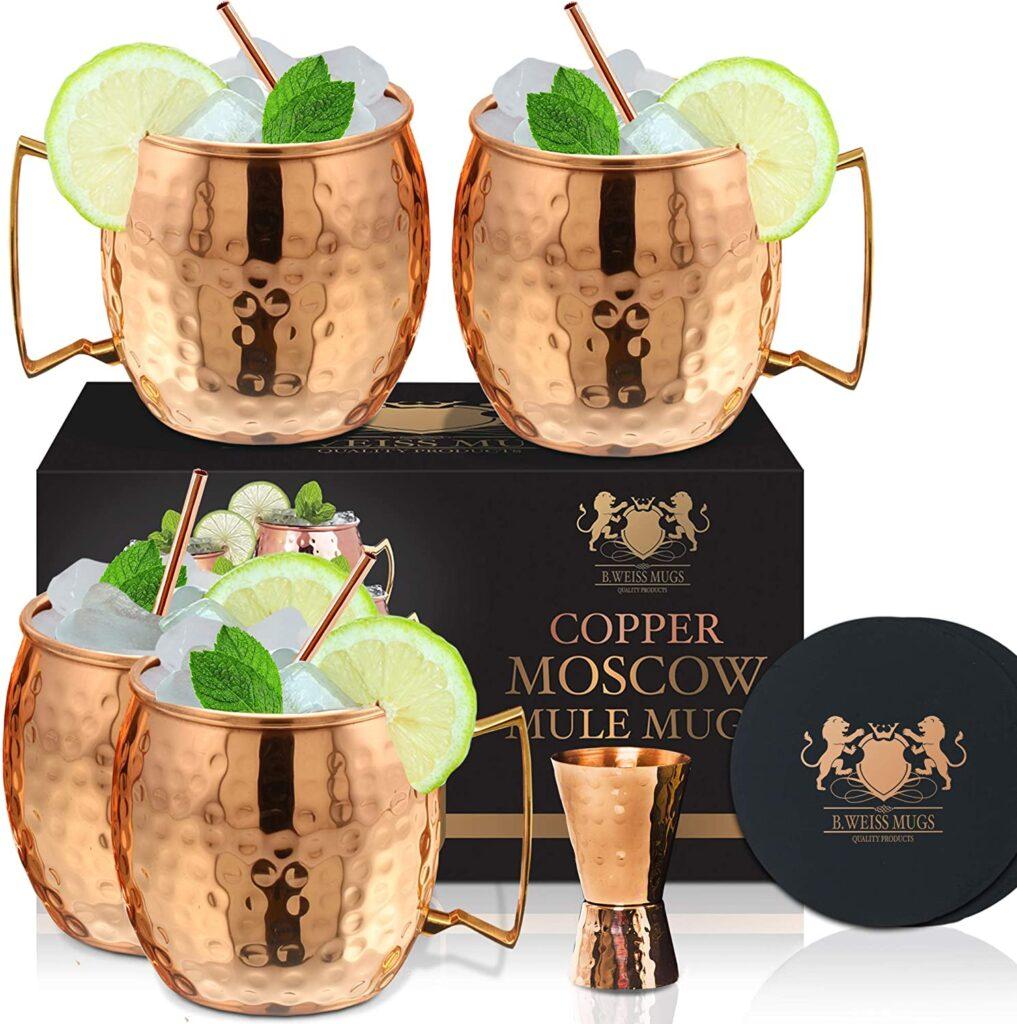 Set of four Copper Moscow Mule Mugs with shot glass and straws