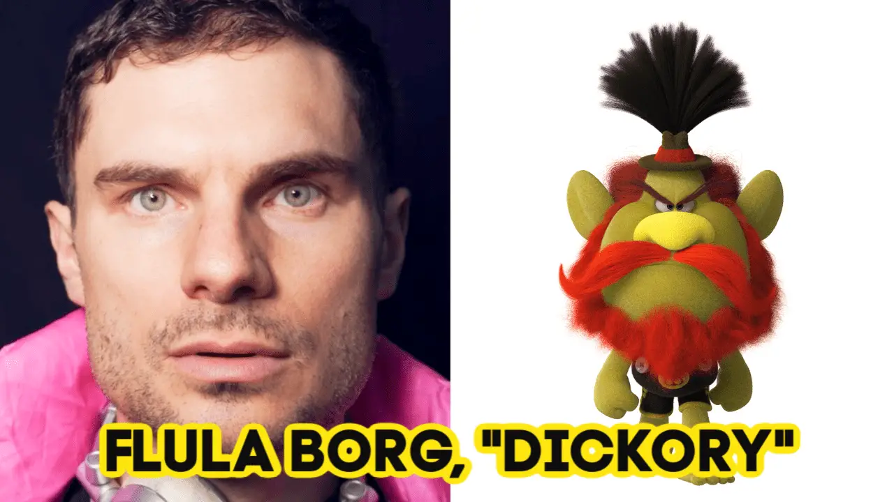 Flula Borg next to Dickory, the character he voices in the movie TROLLS WORLD TOUR