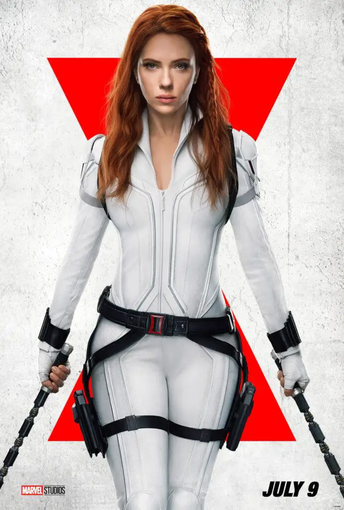 Black Widow movie poster with white background and red hour glass. 

